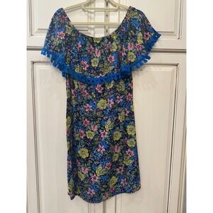 Westport Floral Off The Shoulder Mini Dress Blue Tassel Ruffle Trim Summer M